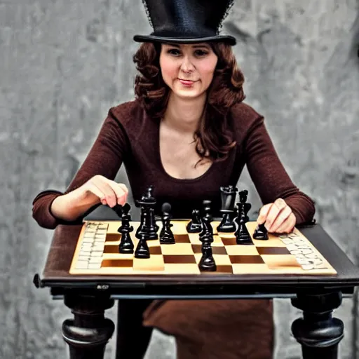 Image similar to woman playing chess, steampunk