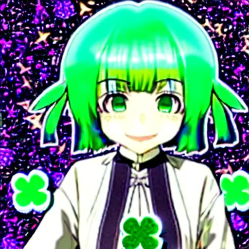 Prompt: a hologram of moe styled green haired yotsuba koiwai with an anonymous mask, wearing a gothic lolita decora spiked jacket, background full of lucky clovers and shinning stars, holography, irridescent