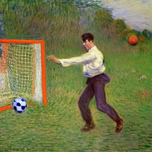 Image similar to monet painting of a skinny man playing warzone on an oversized computer, a soccer ball flying towards him from behind, highly detailed, realistic,