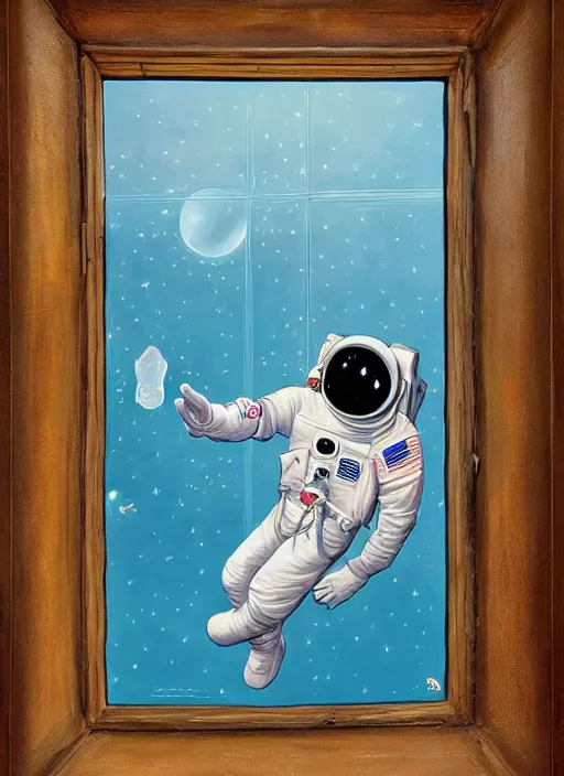Prompt: seen through a window, futuristic astronaut floating in space, james jean artwork, colourful