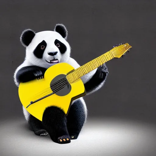 Prompt: smiling panda playing yellow triangular Gibson Flying-V electroguitar in hat in winter at streets of Moscow, sharp focus, fantasy style, octane render, volumetric lighting, 8k high definition, by greg rutkowski, highly detailed, trending on art Station