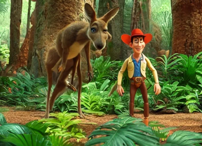 Prompt: a still from a pixar movie, of a kangaroo dressed like indiana jones, standing in a tropical forest, hd 4 k high detailed