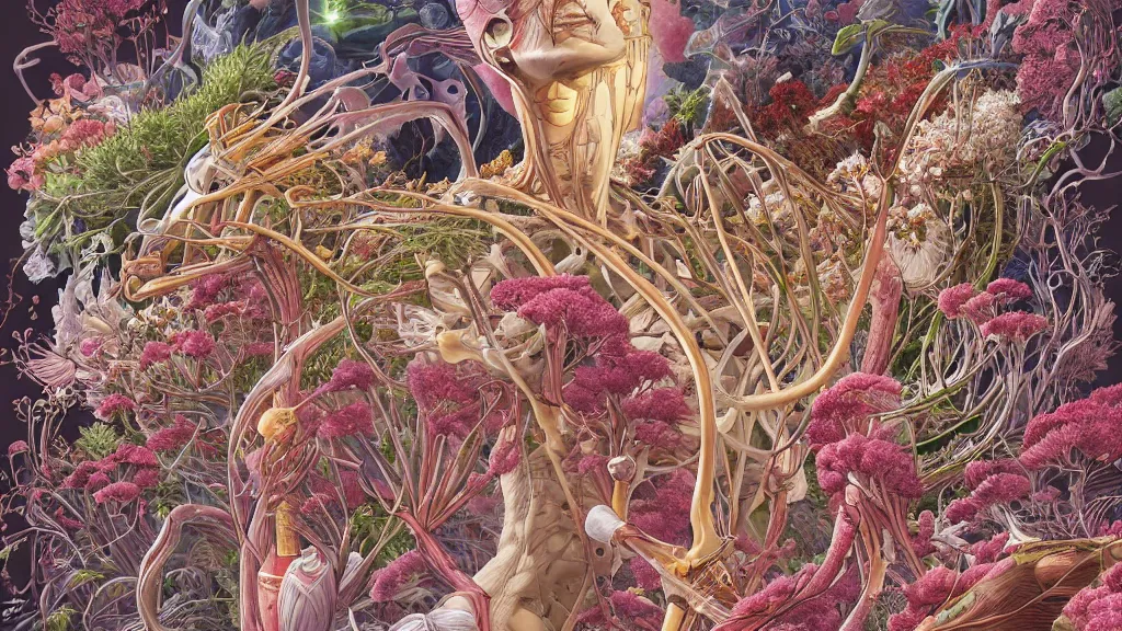 Image similar to highly detailed illustration of a human anatomy body exploded by all the known species of flowers by juan gatti, by makoto shinkai, by moebius!, by oliver vernon, by joseph moncada, by damon soule, by manabu ikeda, by kyle hotz, by dan mumford, by kilian eng