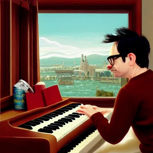 Image similar to An Oil Painting of Rivers Cuomo in a sweater with long hair and a mustache playing his piano in an apartment as he looks out the window next to him to see a nuke drops onto the city outside his window next to him, hyperrealistic, extremely realistic, highly realistic, HD Quality, 4k resolution, 8k resolution, Detailed, Very Detailed, Highly Detailed, Extremely Detailed, Intricate Details, Real, Very Real, Oil Painting, Digital Painting, Painting, Trending on Deviantart, Trending on Artstation