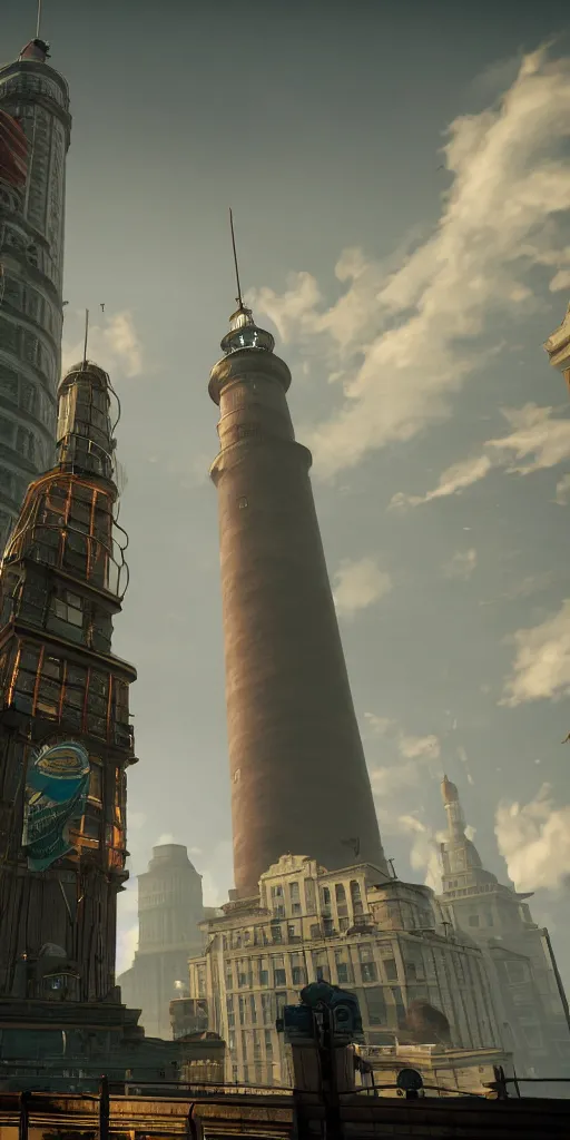 Image similar to the two cities of bioshock, Columbia floating up in the sky, a lighthouse on a island in the middle, the City of Rapture