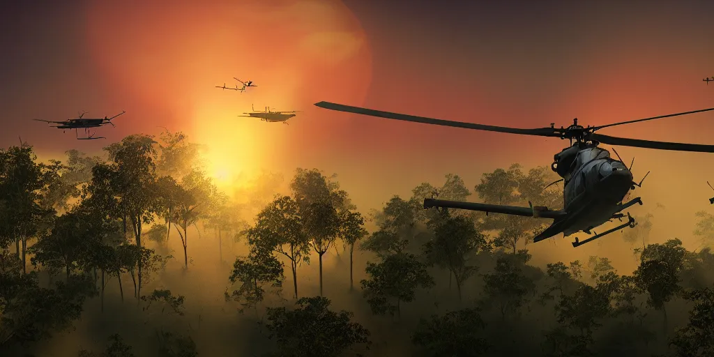 Image similar to Painting of vietnam Huey Helicopters, above a forest, orange sun set, abstract, realism, high details, glow, far, distance, over the horizon, drawn, 8k, octane render, extreme details, uniform, in sync, 3D model