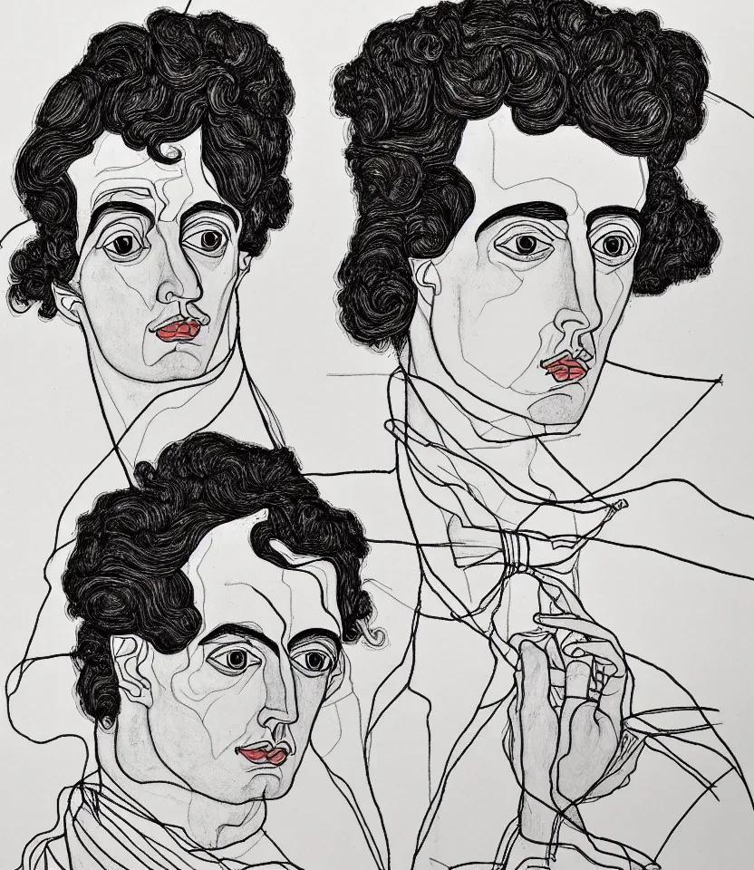 Prompt: detailed line art portrait of lord byron, inspired by egon schiele. caricatural, minimalist, bold contour lines, musicality, soft twirls curls and curves, confident personality, raw emotion