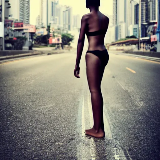 Image similar to portrait face of a beautiful gorgeous black edgy model girl with short hair, bikini, she's sad, sunset, street of hong kong, 8 0 mm lens, 1. 2 aperture, grainy image, close up, cinematic light, 8 k, 4 k, very detailed, depressing atmosphere, cover magazine
