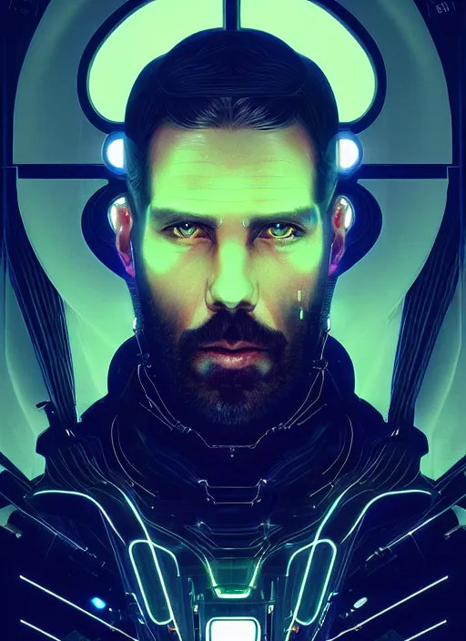 Image similar to symmetry!! portrait of bearded man, sci - fi -, cyberpunk, blade runner, glowing lights, tech, biotech, techwear!! intricate, elegant, highly detailed, digital painting, artstation, concept art, smooth, sharp focus, illustration, art by artgerm and greg rutkowski and alphonse mucha