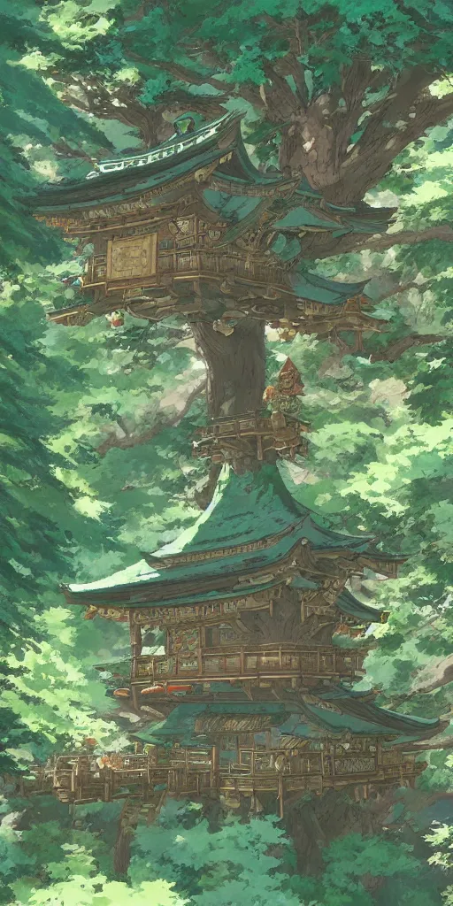 Prompt: detailed japanese treehouse shrine, breath of the wild, hyrule, studio ghibli artstation, 3 5 mm