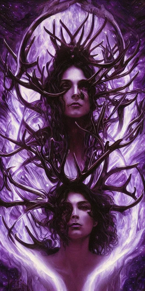 Image similar to intense roaring glowing black metal pagan god with antlers and veins and intense glowing eyes in very dark cosmic space by karol bak and artgerm and alphonse mucha, portrait, fantasy, clear, light beams, lens flare, intense, uhd, amazing depth, cinematic lighting, purple and violet and indigo and blue