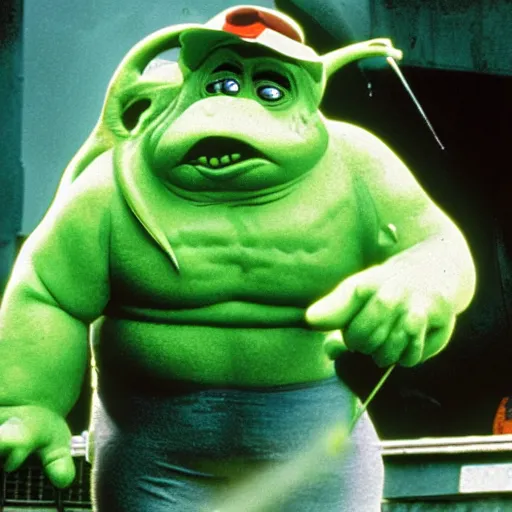Image similar to slimer from ghostbusters 1 9 8 4 fishing on the bayou
