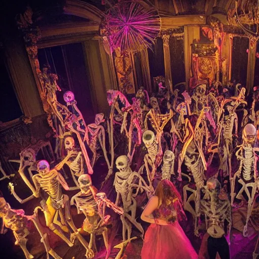 Image similar to photo, a giant crowd of realistic anatomically correct skeletons, dancing sensually with a multi-ethnic group of beautiful human women wearing intricate beatiful colorful rococo gowns, inside a hellish nightclub lit by candles and blue lasers