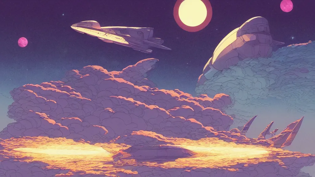 Prompt: illustration of a spaceship over an agitated ocean at night with cummulonimbus clouds by moebius, by makoto shinkai, by oliver vernon, by joseph moncada, by damon soule, by manabu ikeda, by kyle hotz, by dan mumford, by kilian eng, by nico delort