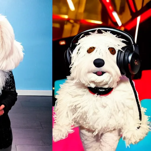 Prompt: a white cockapoo wearing headphones in a nightclub with gok wan as muppets