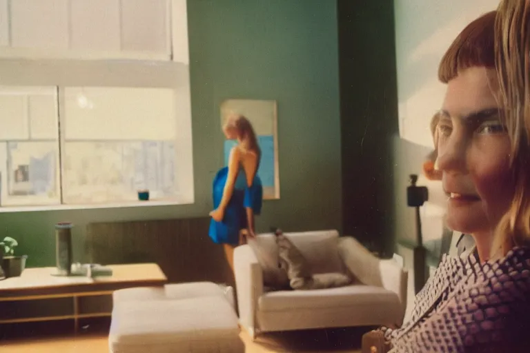 Image similar to photograph of strange presence radiating esoteric energy in modernist living room, crisp focus, backlit woman in foreground, highly detailed, in george hardie style, 3 5 mm ektachrome