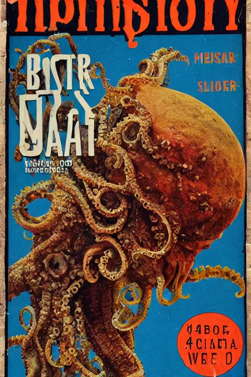 Image similar to photo of poor condition, torn, stained, vintage pulp scifi science fiction magazine cover showing upper body portrait of a monster with tentacles coming from its head, 4 k, high definition