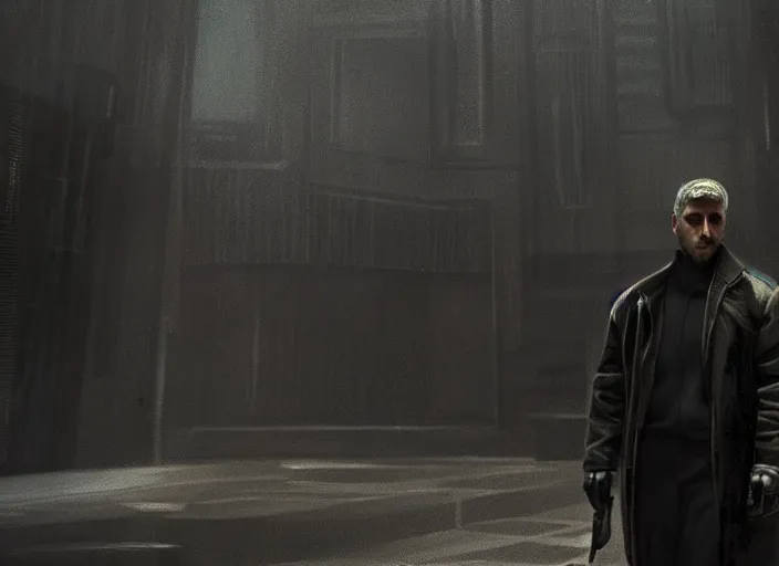 Prompt: man wearing black cyberpunk coat tattered, walking down, marble hallway with gold trim. Scene from Bladerunner 2049 (2017) Artstation trending 720p.