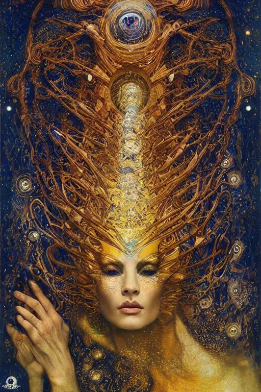 Image similar to Divine Chaos Engine by Karol Bak, Jean Deville, Gustav Klimt, and Vincent Van Gogh, beautiful visionary mystical portrait, sacred, otherworldly, fractal structures, surreal, dreamscape, ornate gilded medieval icon, third eye, spirals