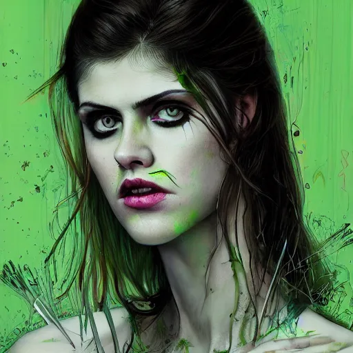 Image similar to a Demon Slayer portrait of Alexandra Daddario, tall, pale-skinned, slender with lime green eyes and long eyelashes by Stanley Artgerm, Tom Bagshaw, Arthur Adams, Carne Griffiths, trending on Deviant Art, street art, face enhance, chillwave, maximalist, full of color, glittering