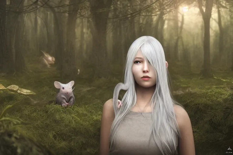 Image similar to hyperrealistic portrait of stunningly beautiful silver haired girl with mice ears, lit by dawn light, deep forest on background, trending on artstation,ultrawide angle, f8 , polarizer , unreal engine