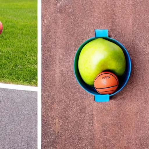 Image similar to a basketball sits near an apple which sits near a frisbee while a hand points to the fruit, photo