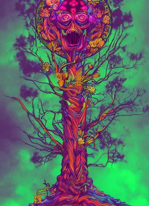 Image similar to a psychedelic surreal horror totem made of trees and multicolor flowers, fulcolor octane remder, cinematic