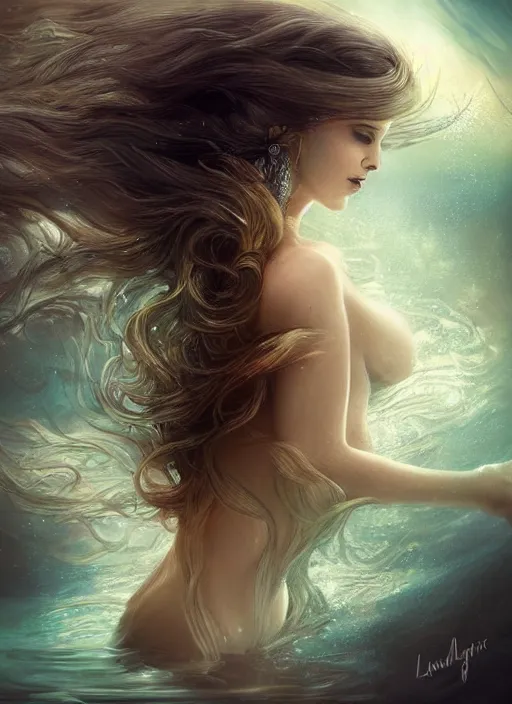 Image similar to a beautiful woman underwater mermaid, 8 k, sensual, hyperrealistic, hyperdetailed, beautiful face, long hair windy, dark fantasy, fantasy portrait by laura sava