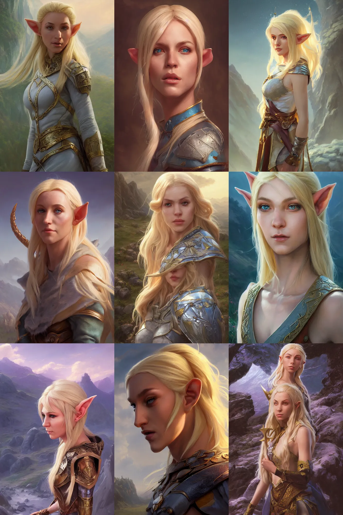 Prompt: A comic book style portrait painting of a blonde female elf cleric in a stunning fantasy landscape, semi-realism, unreal 5, DAZ, hyperrealistic, octane render, RPG portrait, dynamic lighting, daily deviation, very very very very very beautiful, character illustration by Greg Rutkowski, Thomas Kinkade