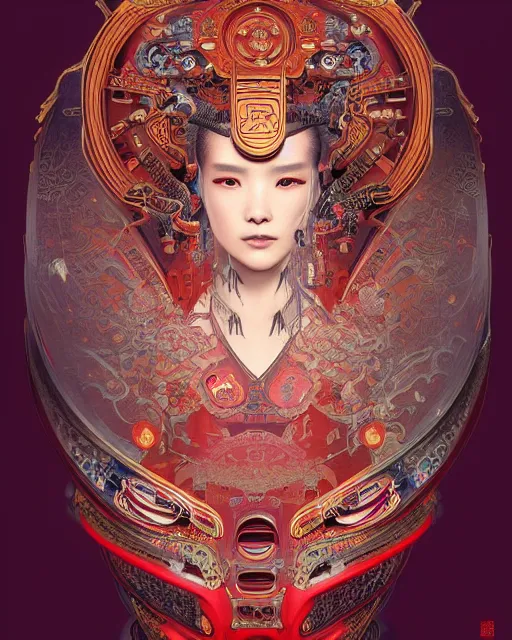 Image similar to portrait of a cyberpunk machine, machine face, upper half portrait, decorated with chinese opera motifs, asian, fine china, wuxia, traditional chinese art, intricate, elegant, highly detailed, symmetry, headpiece, digital painting, artstation concept art smooth sharp focus, illustration, art by artgerm and greg rutkowski alphonse mucha 8 k