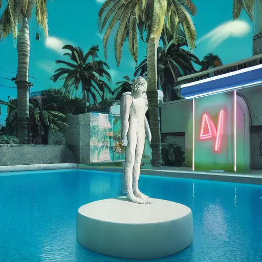 Image similar to a broken statue in a surreal underground white tiled swimming pool surrounded by neon lights and palm trees in vapor wave style, 3D octane render, hyperrealistic, finely detailed, dramatic lighting, neon lighting, unreal engine, houdini, 8k, 4k, raytracing