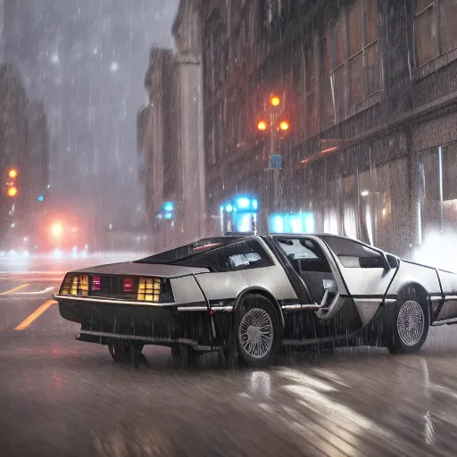 Image similar to hyperdetailed, photorealistic photograph of a dmc 1 2 delorean driving in the streets, rain, night, dense fog, hd, unreal engine 5