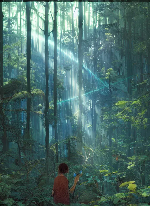 Image similar to technology in the woods gorgeous lighting, sunbeams blue sky, lush forest foliage painting by chiara bautista and beksinski and norman rockwell and greg rutkowski weta studio, and lucasfilm