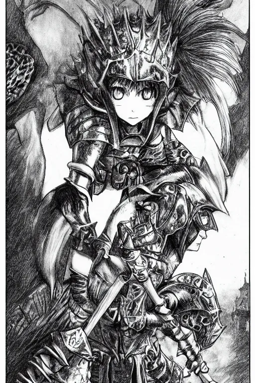 Prompt: Baby Kitten as a knight, highly detailed, black and white, manga, art by Kentaro Miura