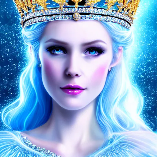 Prompt: beautiful ice queen with ornate crown and robes highly detailed, 4k, HDR, smooth, sharp focus, hyper realistic, high resolution