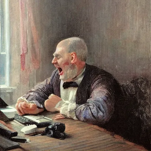 Image similar to an angry man yells at his computer monitor, oil on canvas, 1 8 8 3, highly detailed