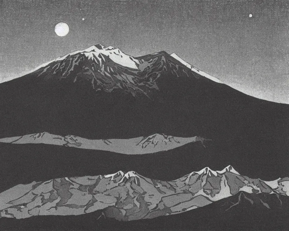 Prompt: achingly beautiful print of Mt. St. Helens, bathed in moonlight, by Hasui Kawase and Lyonel Feininger.