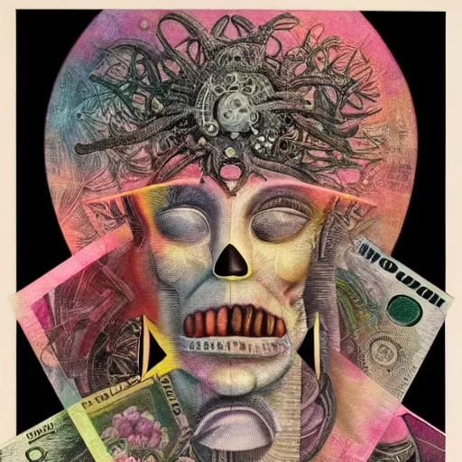 Image similar to new age album cover, asymmetrical design, dollar bank notes, capitalism, magic, apocalypse, psychedelic, black white pastel pink, slightly holographic, magic, giger h. r., giuseppe arcimboldo, highly detailed, intricate