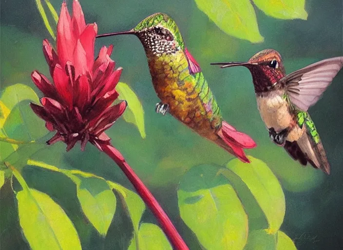 Prompt: “ a highly detailed beautiful portrait of a killer hummingbird, by gregory manchess, james gurney, james jean ”