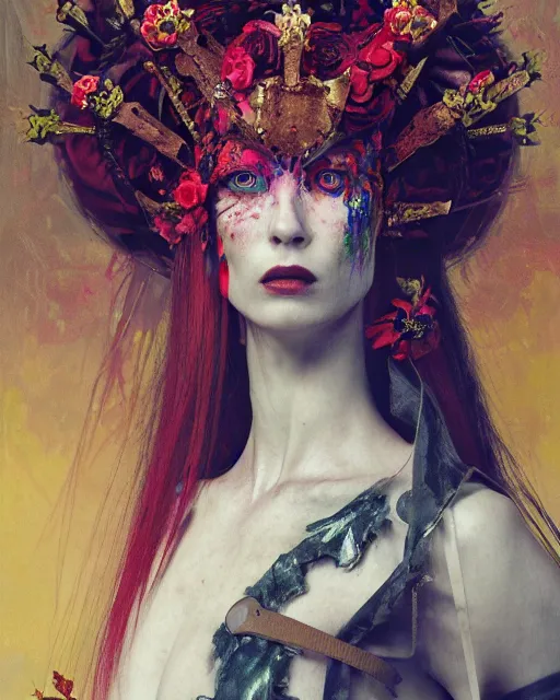 Image similar to portrait of a medieval warrior scarlet woman, goth punk, floral flowers, rainbow colors, surreal, a flemish baroque by alexander mcqueen, art by john collier by greg rutkowski and craig mullins, oil on canvas