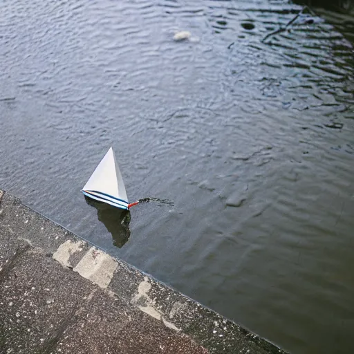 Image similar to long shot, of paper sailboat floating in a puddle near the sewer drain, 4k, HD Photography