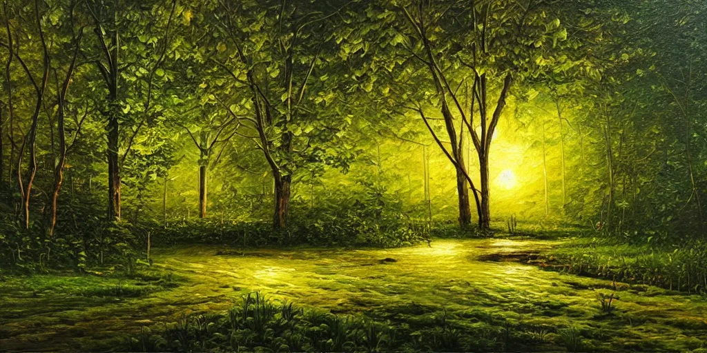 Prompt: nighttime nature landscape, lush, rich greenery, oil painting, ultra realistic, intricate, highly detailed, hd, sharp focus, warm colors, realistic, vivid colors, painting, non blurry, sharp, smooth, illustration