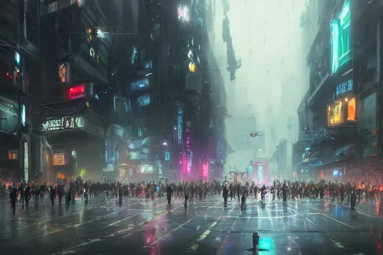 Prompt: dramatic artstation illustration of a crowd of people at a city intersection bowing to giant cyborg hologram by greg rutkowski, cyberpunk, raining