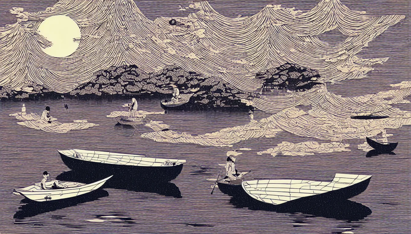 Image similar to one boat floating in the lake by woodblock print, nicolas delort, moebius, victo ngai, josan gonzalez, kilian eng