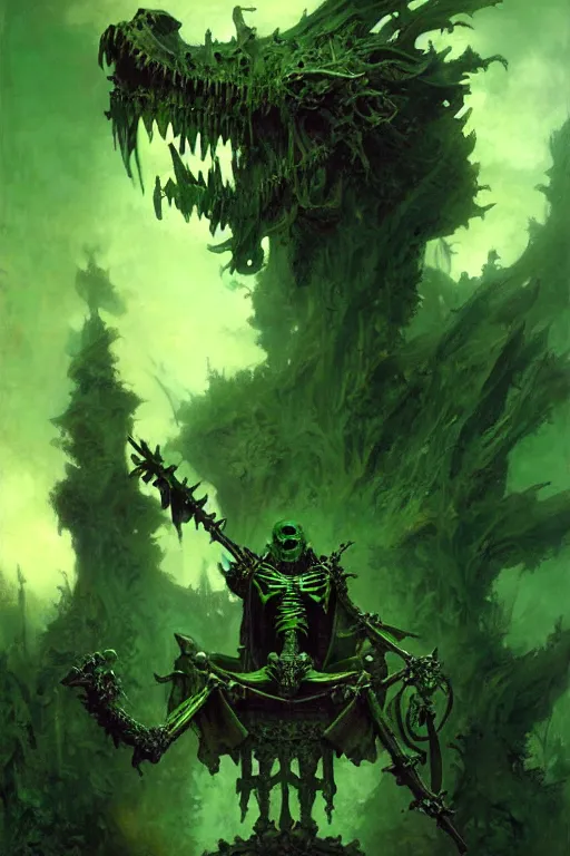 Prompt: osarion the skeleton king, sitting upon his evil green spirit throne, laughing, graveyard, portrait dnd, painting by gaston bussiere, craig mullins, greg rutkowski, yoji shinkawa