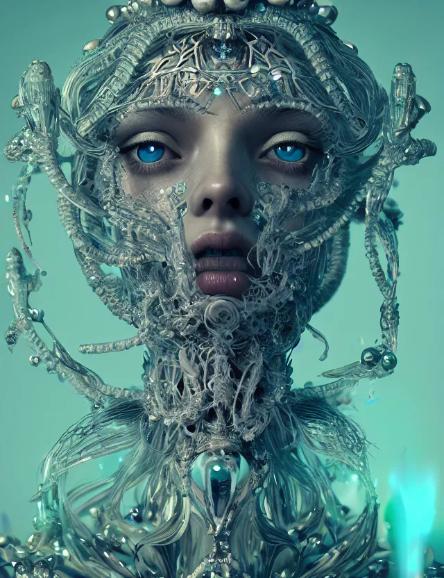 Prompt: symmetrical, centered, goddess close-up portrait wigh crown made of skulls. betta fish, phoenix, bioluminiscent creature, super intricate ornaments artwork by Tooth Wu and wlop and beeple. octane render, trending on artstation, greg rutkowski very coherent symmetrical artwork. cinematic counter light, high detail, octane render, 4k, vibrant