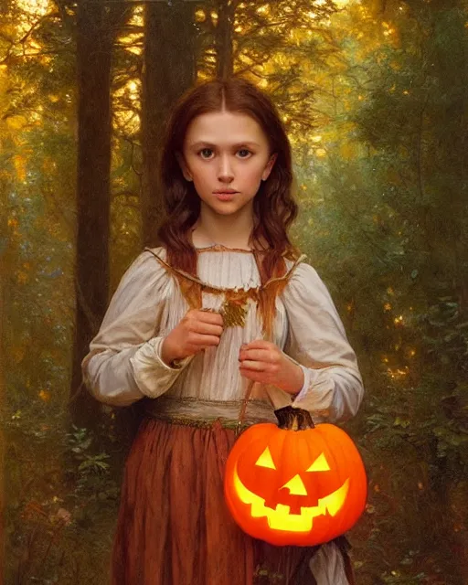 Prompt: a realistic candlelit portrait painting of a thoughtful girl resembling a young, shy, redheaded alicia vikander or millie bobby brown wearing peasant dress carrying a jack - o - lantern in a fall forest at night, highly detailed, intricate, concept art, artstation, by donato giancola, alphonse mucha, and william bouguereau