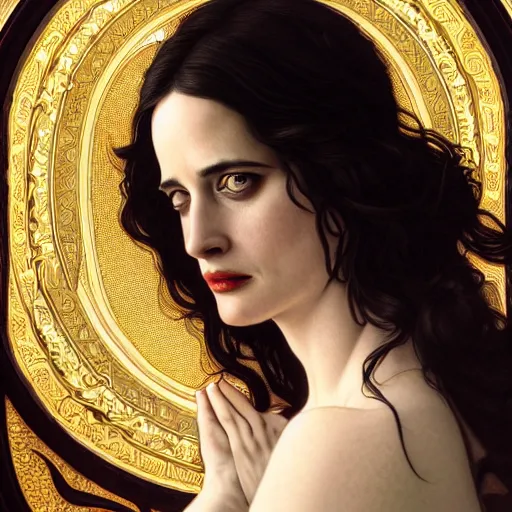 Image similar to beautiful detailed picture of eva green, fully clothed, radiant light, art nouveau, intricate, elegant, highly detailed, symmetrical face, my rendition, digital painting, artstation, concept art, smooth, sharp focus, illustration, art by artgerm and greg rutkowski and alphonse mucha