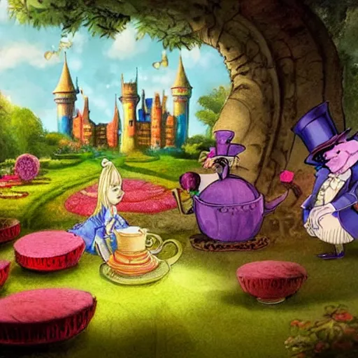 Image similar to A scene from Alice in Wonderland, with the Mad Hatter's tea party in the foreground and the castle in the background. The colors are very bright and whimsical, and the composition is very busy. This is an illustration, done in a traditional animation style with a focus on color and movement. The artist is Craig Mullins, and the artwork is called Mad Tea Party