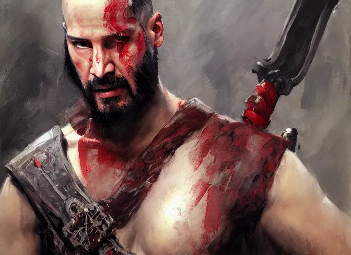 Prompt: a highly detailed beautiful portrait of keanu reeves as kratos, by gregory manchess, james gurney, james jean